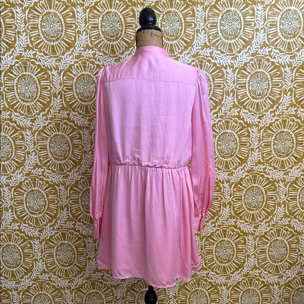 Self-Portrait Satin Viscose Puff-Sleeve Bow-Neck Mini Dress Bubblegum Pink Sz 8 - Picture 13 of 16